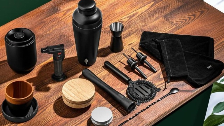 Čierny barmanský set so sadou na údenie whisky ako prémiový darček pre milovníka koktailov na produktovej fotografii.