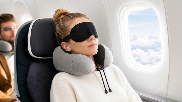 Cestovný vankúš na krk s maskou a štupľami ako darček na produktovej fotografii.