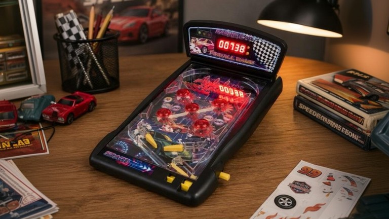 Elektronický stolný Pinball Racing Car ako darček pre muža na produktovej fotografii.