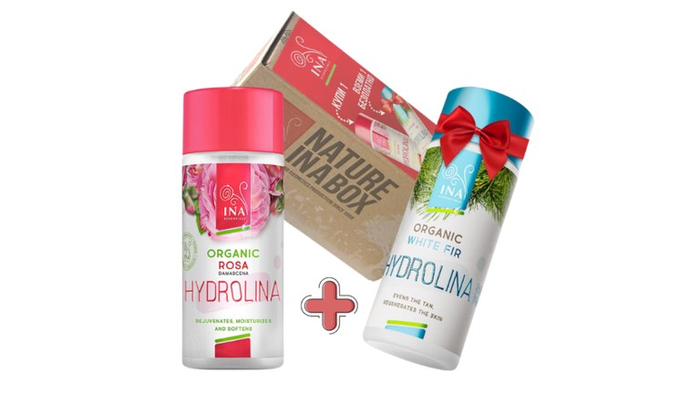 Hydrolina balíček ružová voda a jedľa ako darček pre ženu na produktovej fotografii.