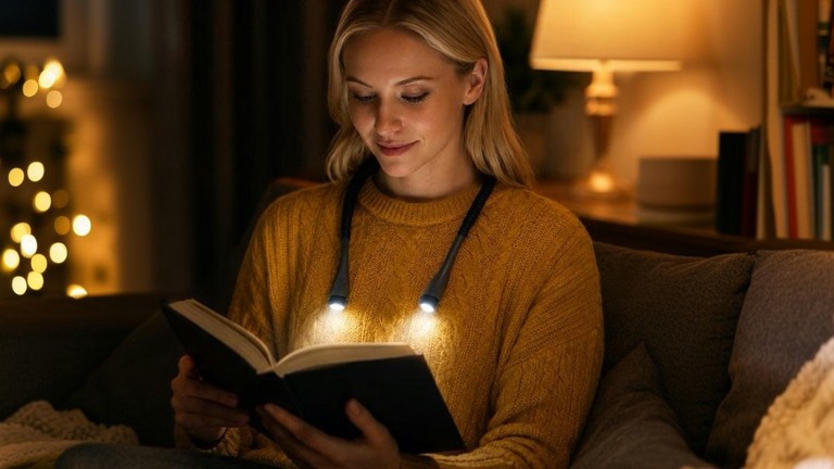 LED lampička na čítanie na krk ako darček na produktovej fotografii.