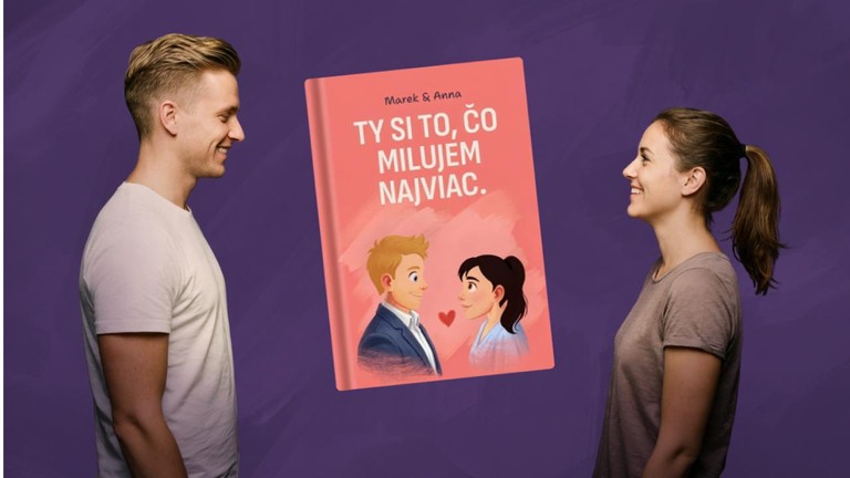 Personalizovaná kniha Moments ako romantický personalizovaný darček pre partnera, pár sa usmieva pri ružovej knihe s venovaním.